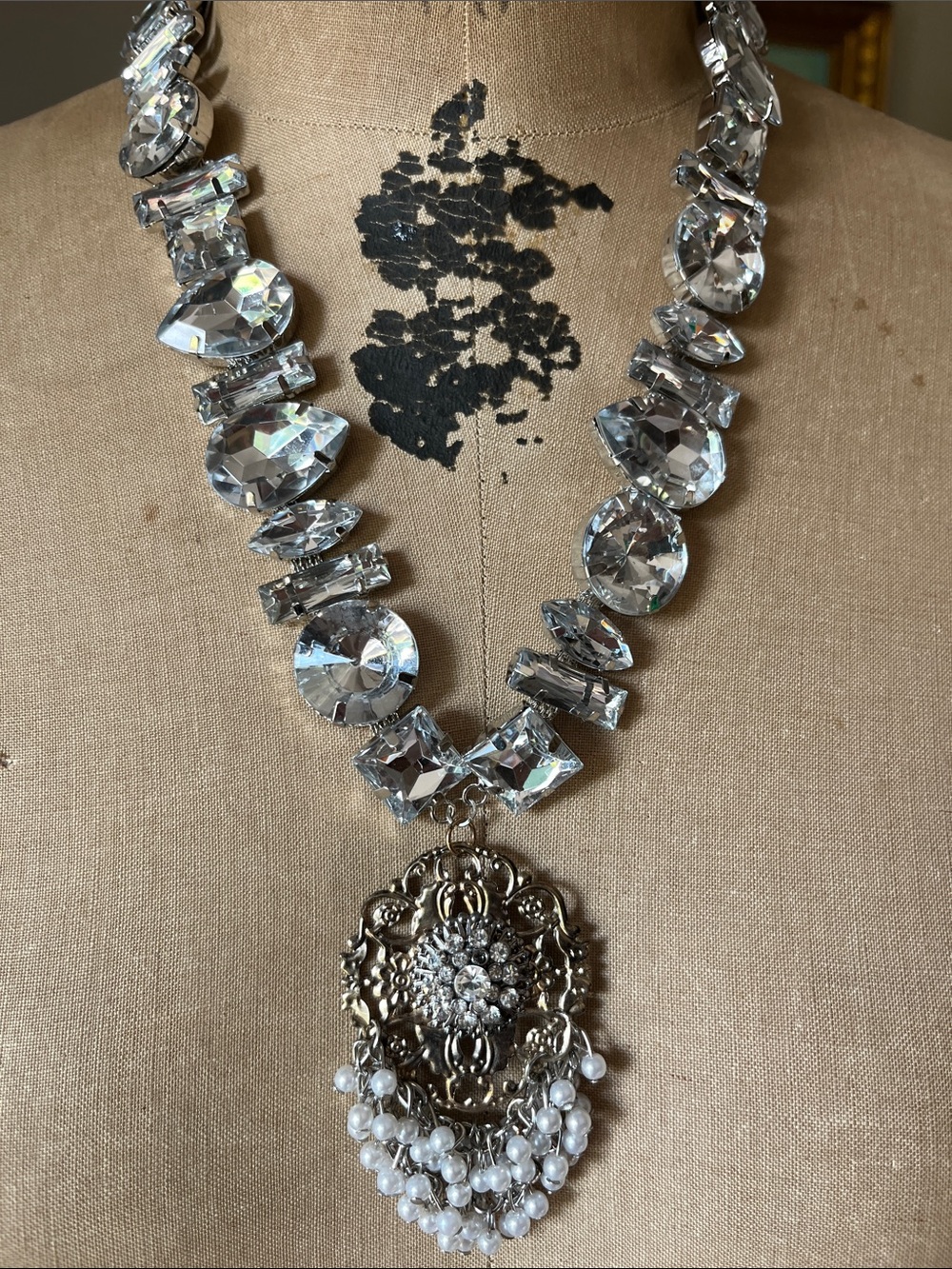 Katrina Crystal Statement Necklace with Pearl Fringe